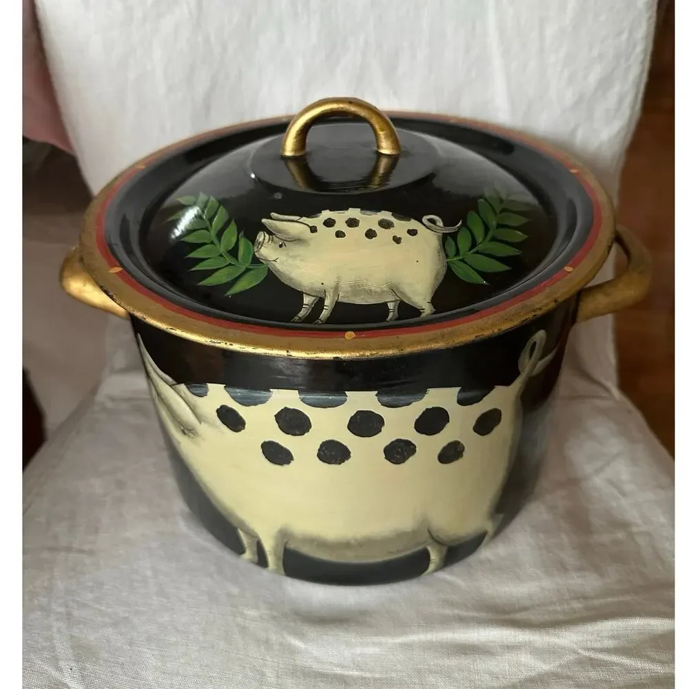 Emma Hunk Hand Painted Enamel Pot PIGS, 2000 vintage black Gold Handles 6.5x10”